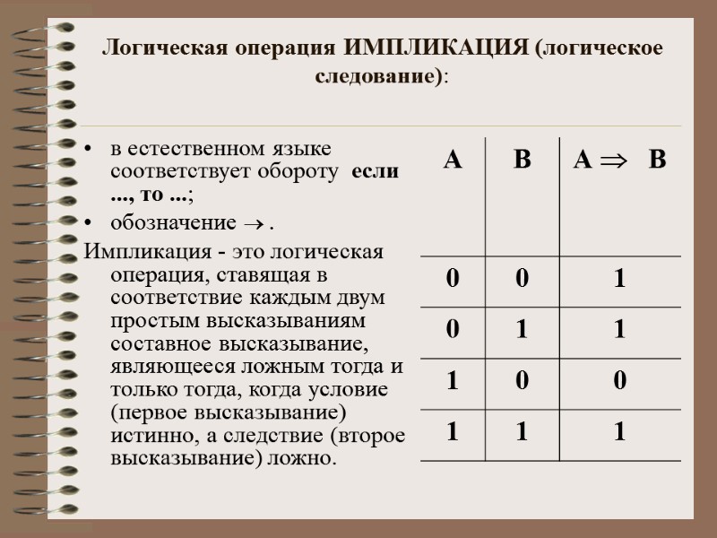 Логическая операция ИМПЛИКАЦИЯ (логическое следование):    в естественном языке соответствует обороту 